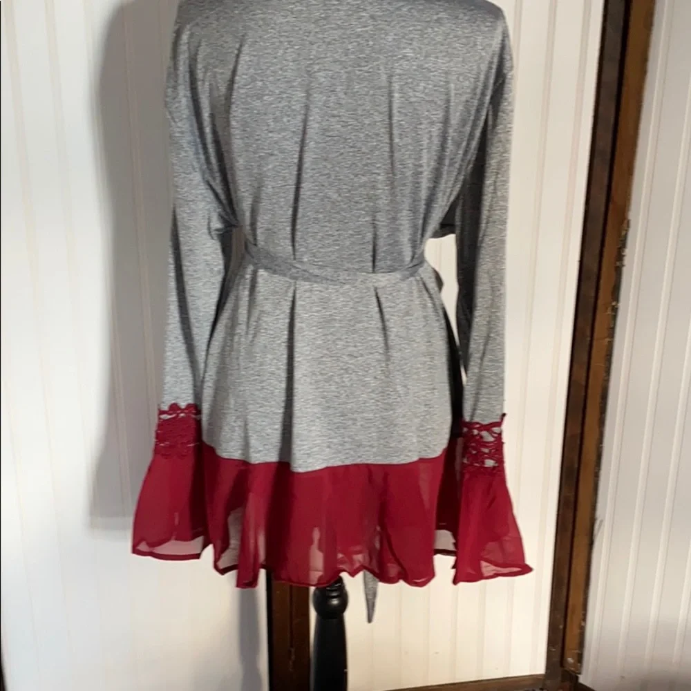 Silky sexy gray and red lace Kimono robe tie waist bell batwing sleeves s m l - Picture 5 of 9
